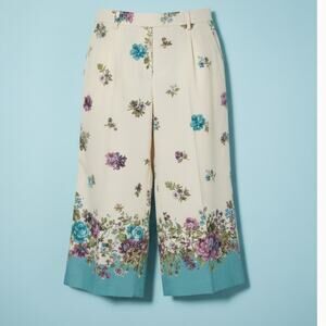 Oscar de la Renta Size 14 Wide Leg Crop Pants Cream Turquoise Floral Print Lined